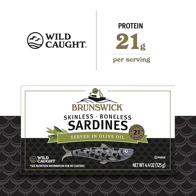 Brunswick Wild Caught Skinless and Boneless Sardines, Served in Olive Oil, 4.4 Ounce (Pack of 12)