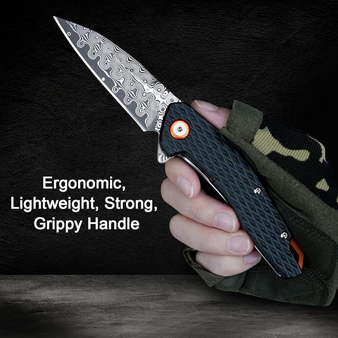 Damascus Folding Knife, 3.03" Damascus Steel Blade Pocket Knives with Clip, Black Aluminum Handles