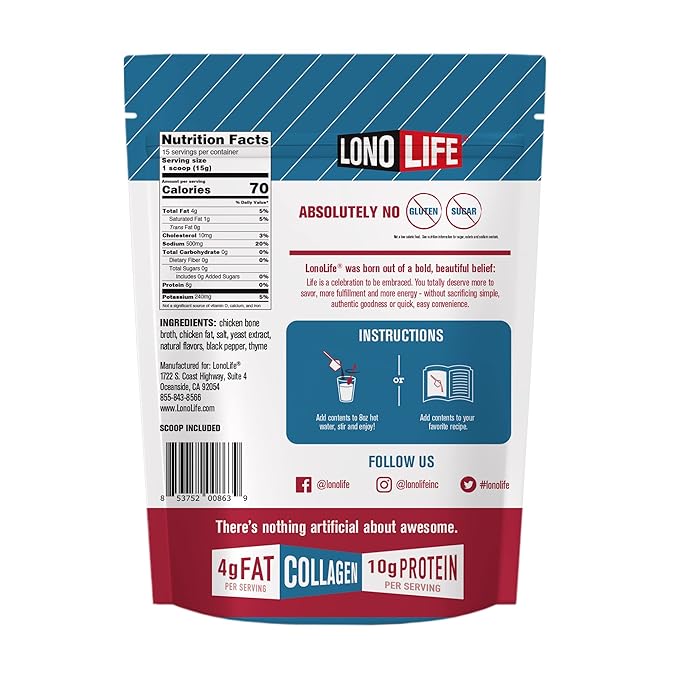 LonoLife Keto Chicken Bone Broth Powder Mix | 10g Protein | Collagen-Rich, Keto & Paleo Friendly |