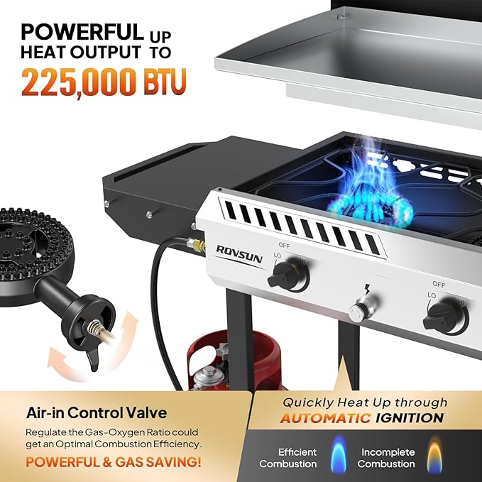 ROVSUN 3 Burner Outdoor Propane Gas Stove with Griddle, Ignition & Side Shelves, 225,000 BTU