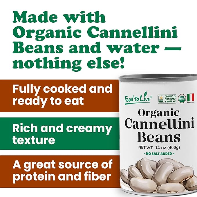 Food to Live Organic Italian Canned Cannellini Beans, 14 oz (Pack of 8) - Unsalted Non-GMO White