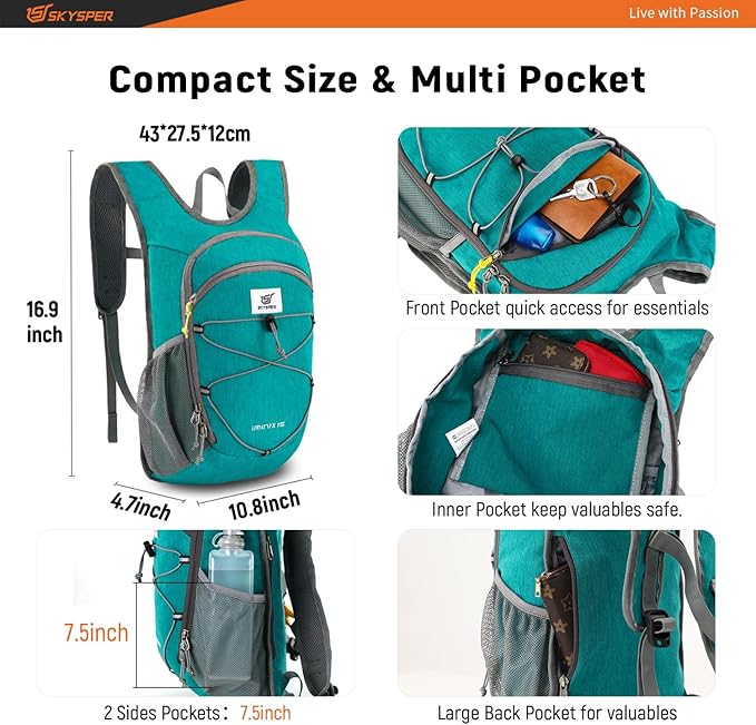 SKYSPER 15L/20L Foldable Hiking Backpack Lightweight Packable Travel Daypack with Chest Strap Small
