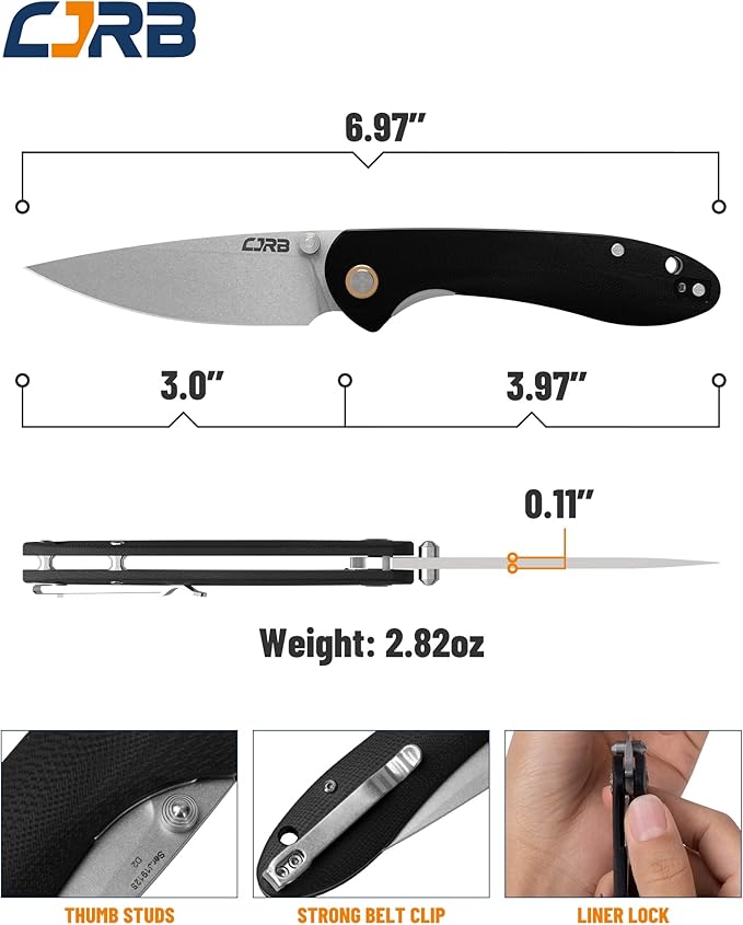 CJRB Feldspar Folding Knife - Stonewash D2 Steel Blade, G10 Tactical Handle, EDC Pocket Knife