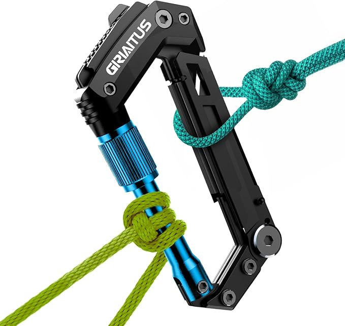 Carabiner Multitool with Pocket Knives, EDC Carabiners, Serrated Knife, Rope Cutter, Screwdriver