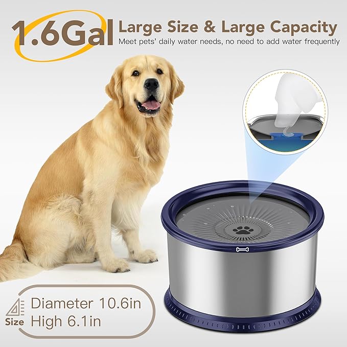 1.6 Gallon Dog Water Bowl, 6.5L/220oz Stainless Steel No Spill Water Bowls for Large Dogs, Super