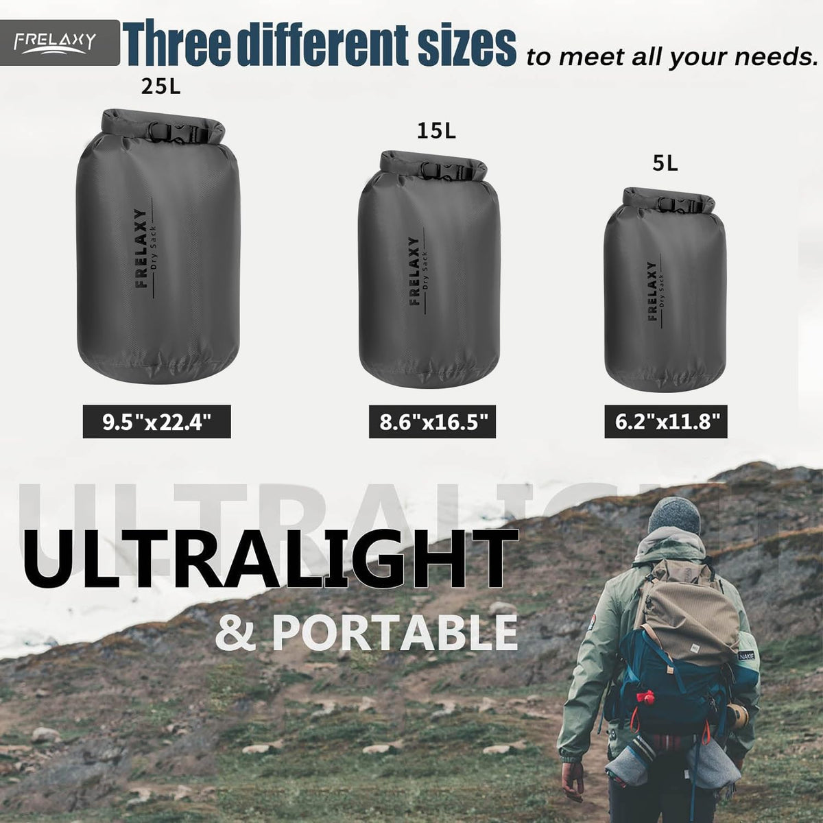 Frelaxy Waterproof Dry Bag 3 Pack, Lightweight Ripstop Dry Sack Set