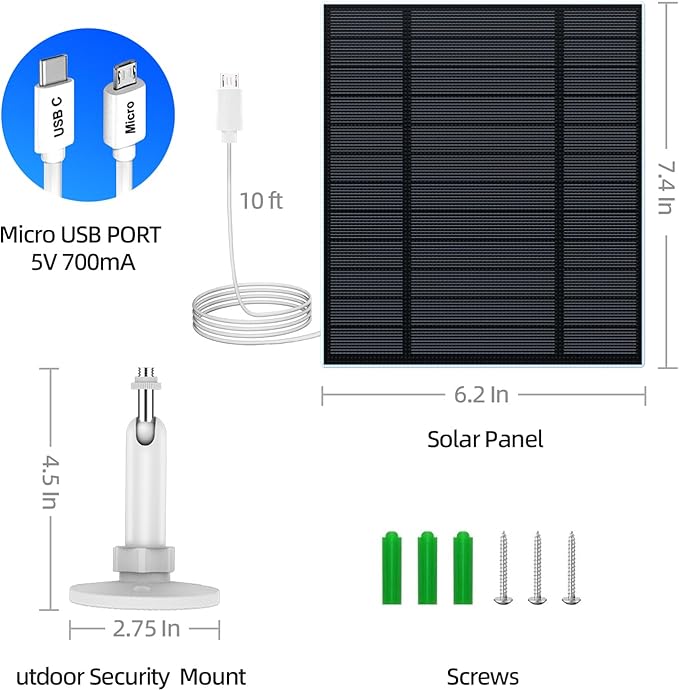 2PC 5W Solar Panel for Security Camera, Solar Panel with Micro USB & USB-C Port for DC 5V Outdoor