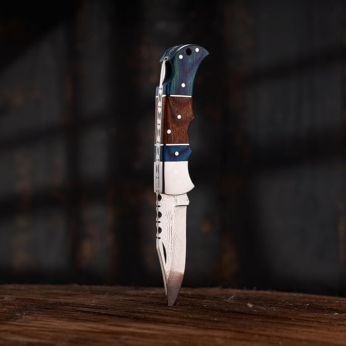 Personalized Folding Knife - Damascus Olive-Brown Pocket Knife, Custom Gift for Husband, Boyfriend