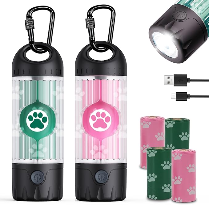 2-Pack Dog Poop Bag Holder with Flashlight 7-Color, USB-C Rechargeable doggie bag holder for leash