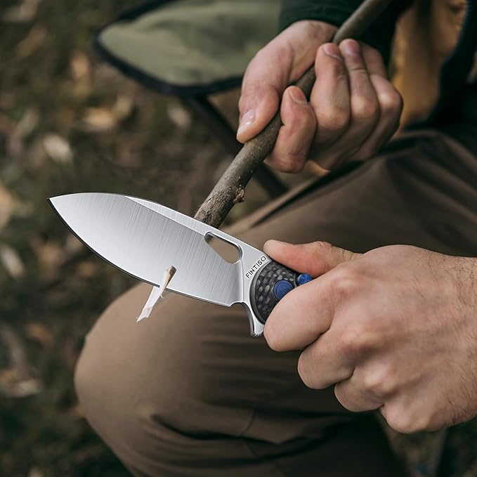 Pocket Knife, 3.1" Unique S35VN Blade Folding Knife with Button Lock, EDC Knife with Carbon Fiber