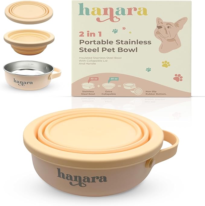 HANARA 2-in-1 Insulated Dog Bowl with Collapsible Lid & Handle ??Stainless Steel, Non-Slip Rubber