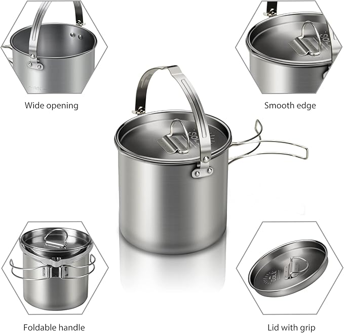 Lixada 5PCS Camping Cookware Set Stainless Steel 1.2L Camping Pot with 2 Cups & 2 Bowls