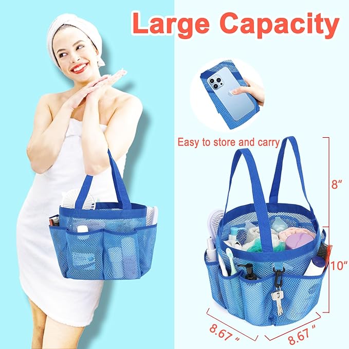 Mesh Shower Caddy Portable for College Dorm Room Essentials, 8-Pocket Large Shower Basket Tote Bag