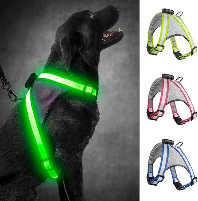 Visinite LED Dog Harness, USB Rechargeable Light Up Dog Vest, 2 Illuminate Modes Glow in The Dark