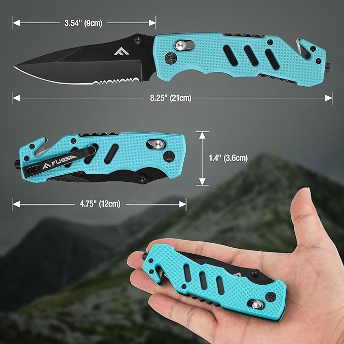 FLISSA Folding Pocket Knife with Clip, Glass Breaker and Seatbelt Cutter, Survival Knife for