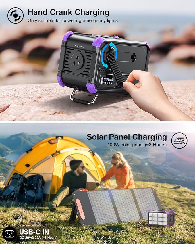 BROWEY Portable Power Station 153Wh Small Solar Generator with Hand Crank 120V 150W AC Outlet