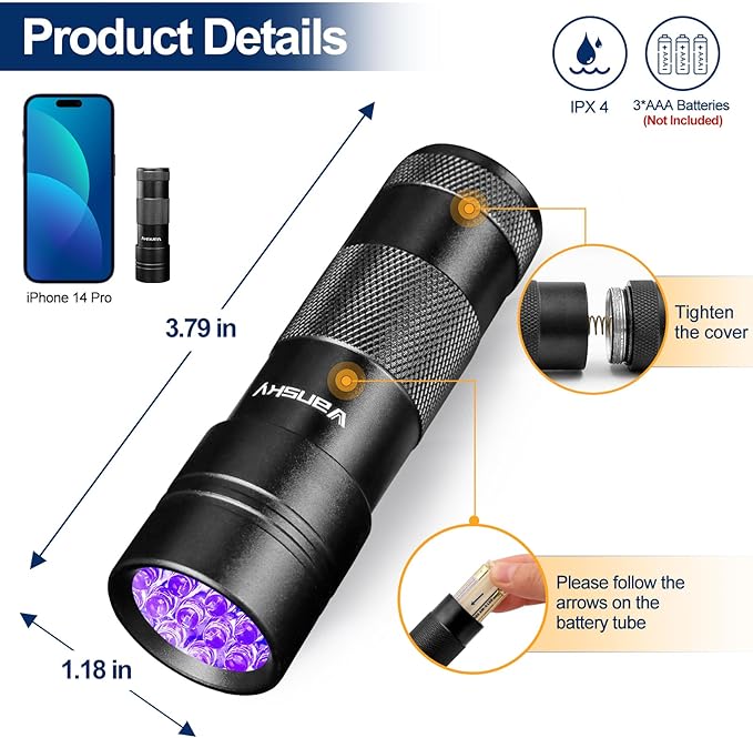 Black Light UV Light Flashlight: Vansky 395nm 12 LED 2 Pack Ultraviolet Blacklight Flashlight Mini