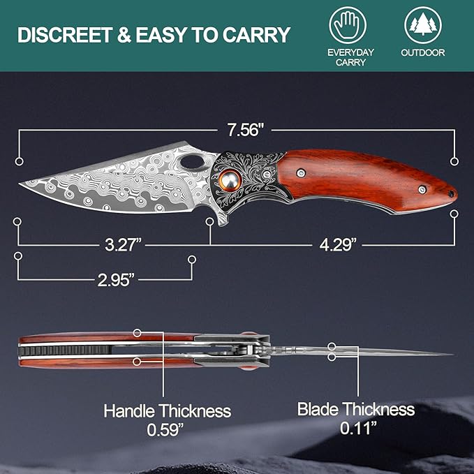 Damascus Pocket Knife, 3.27??Damascus Blade EDC Folding Knives with Guibourtia Wooden Handle
