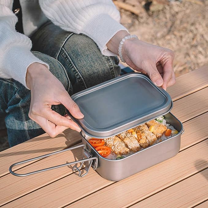 1200ml Titanium Lunch Box Leak-Proof Lid & Folding Handle Camping Cookware Lightweight Outdoor