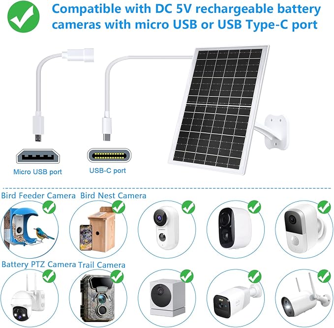 Zivif 13W Solar Panel for Outdoor Security Cameras, USB-C, Micro USB & 5.5x2.1mm DC Output, 360°