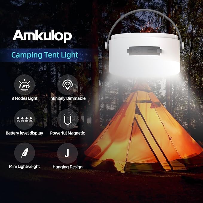 Hanging Camping Tent Light with Stepless Dimming & Magnetic Base, USB-C Rechargeable LED Lantern