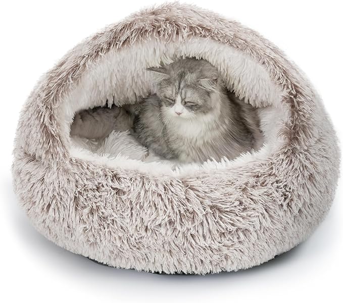 CATISM Cat Bed, Plush Hooded Cat Beds for Indoor Cats, Self Warming Cats Beds Cave, Cozy Pod for
