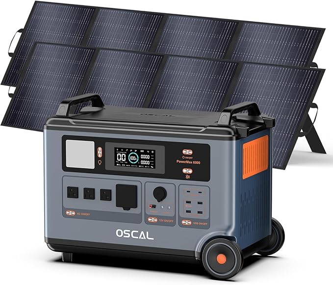 OSCAL PowerMax 6000 Solar Generator with 2x200W Solar Panel, 120V/240V 3600Wh Power Station 6000W