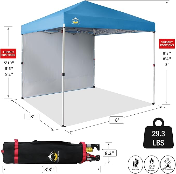 CROWN SHADES 8x8 Pop Up Canopy with 1 Side Wall - Beach Tent with One Push Setup - Outdoor Sun