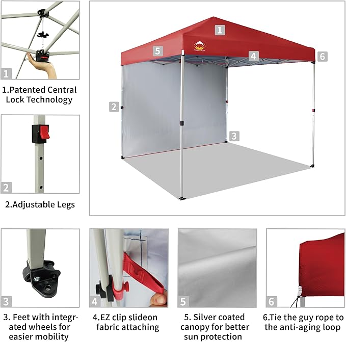 CROWN SHADES 8x8 Pop Up Canopy with 1 Side Wall - Beach Tent with One Push Setup - Outdoor Sun