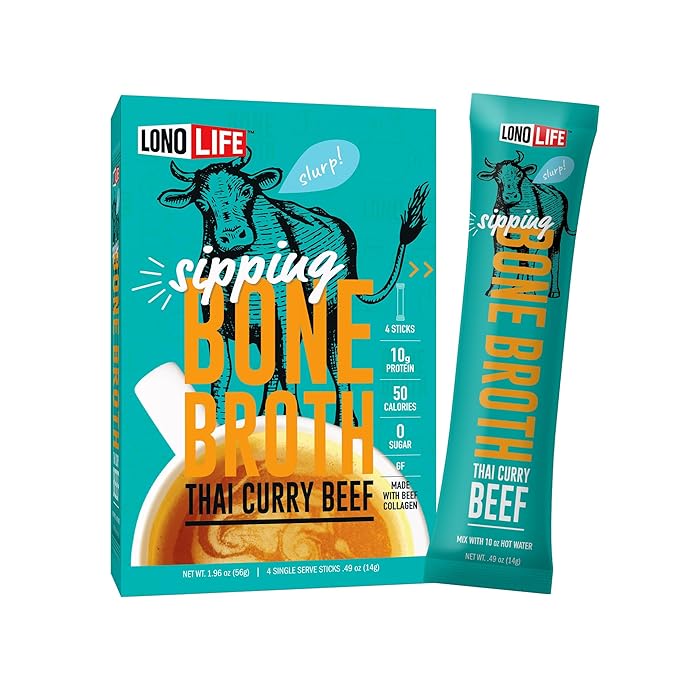 LonoLife Thai Curry Beef Bone Broth Powder Mix | Grass-Fed, 10g Protein | Collagen-Rich, Keto &
