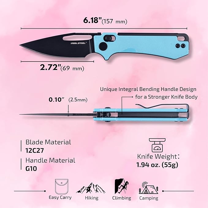 REALSTEEL VIS Pocket Knife, Folding Knife, Crossbar Lock, 2.72" Small 12C27 Steel PVD Black Blade