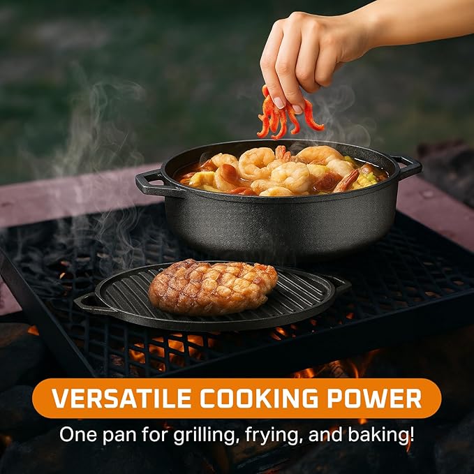 Bruntmor 3-in-1 Pre-Seasoned Cast Iron Skillets with Reversible Grill Griddle Lid - 6.8 Quart Round