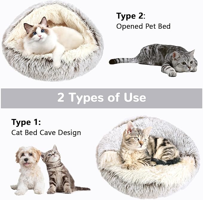 Calming Cat Beds, Fluffy Plush Round Cat Cave Washable, Cozy Warming Anti-Slip Small Dog Bed for