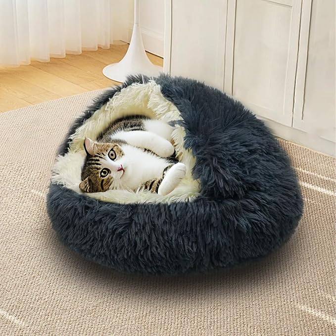 ShinHye Cat Bed Round Plush Fluffy Hooded Cat Bed Cave, Cozy for Indoor Cats or Small Dog beds