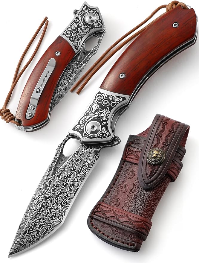 Damascus Steel Folding Pocket Knife with VG10 Core, Wooden Handle & Leather Sheath, Outdoor Knife