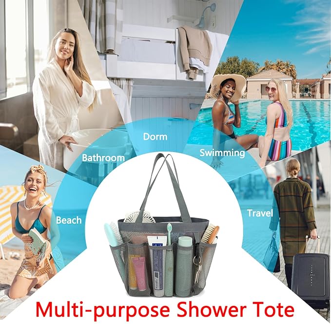 Mesh Shower Caddy Portable for College Dorm Room Essentials, 8-Pocket Large Shower Basket Tote Bag