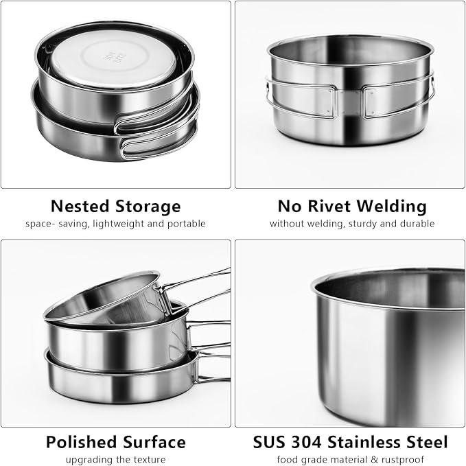 18/8 Stainless Steel Camping Cook Pot Set of 4 pcs, Camping Messware Kit, Camping Cooking Set