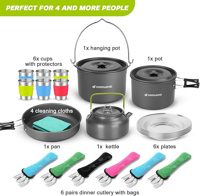 Odoland 39pcs Camping Cookware Mess Kit, Non-Stick Large Size Hanging Pot Pan Kettle with Base