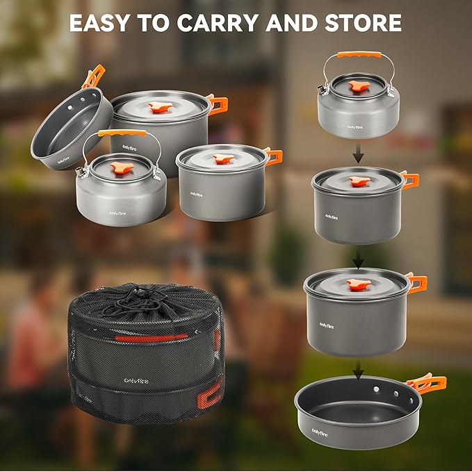 Onlyfire 15pcs Camping Cookware Mess Kit, Non-Stick Lightweight Pot Pan Kettle Set with Plates