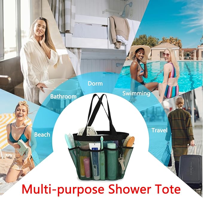 Mesh Shower Caddy Portable for College Dorm Room Essentials, 8-Pocket Large Shower Basket Tote Bag