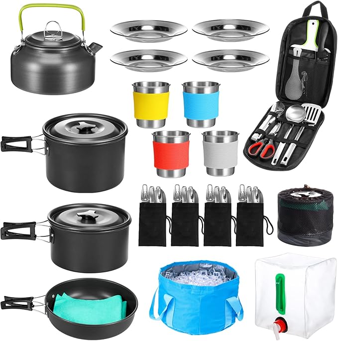 Gejoy 42 Pcs Camping Cookware Mess Kit, Non Stick Lightweight Pots Pan Kettle, Collapsible Water