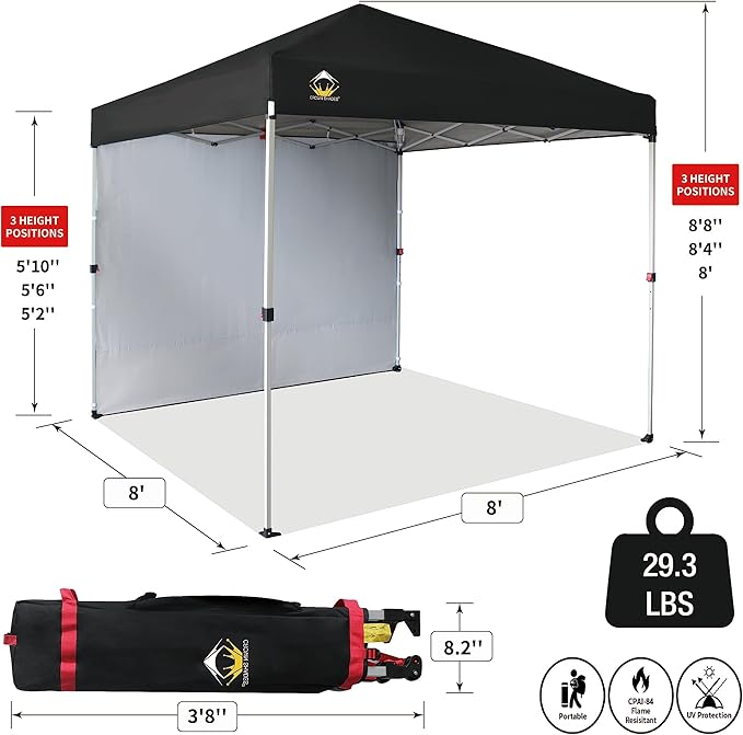 CROWN SHADES 8x8 Pop Up Canopy with 1 Side Wall - Beach Tent with One Push Setup - Outdoor Sun