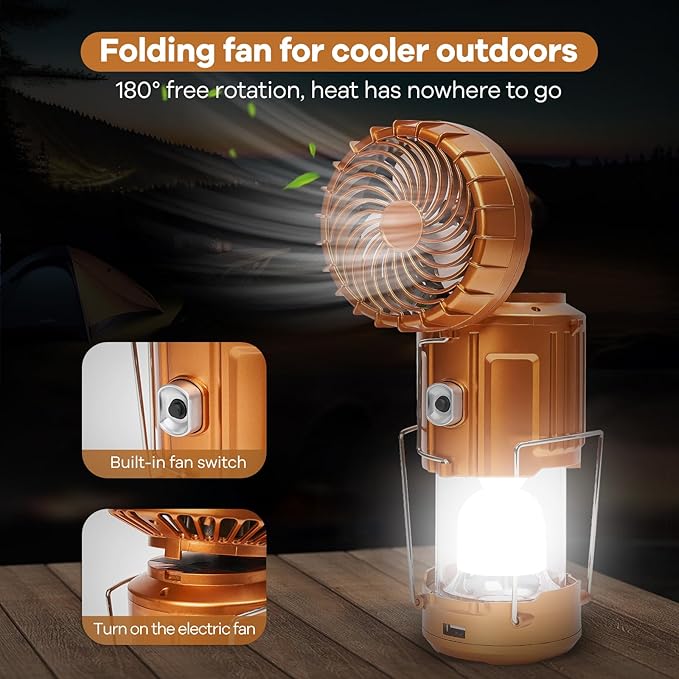 Camping Lanterns with Fan,Solar Camping Fan Charging for Phone, Rechargeable LED Lanterns Camping