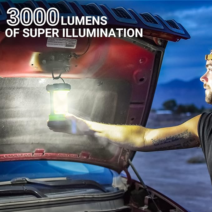 Camping Lantern, 3000LM LED Rechargeable Battery Operated Lantern, 5 Light Modes, COB Waterproof