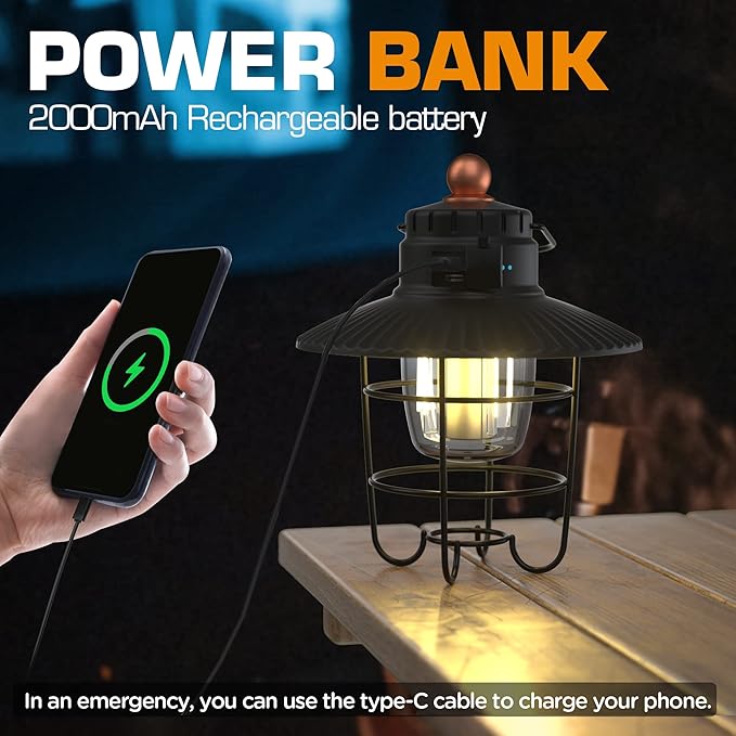EverBrite LED Camping Lantern, USB C Rechargeable Lantern with 3 Light Modes, Vintage Outdoor