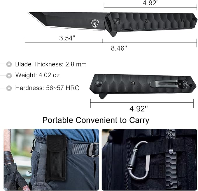 AUBEY Tanto Blade EDC Knife, 440 Steel Pocket Folding Knife with Liner Lock, Clip, Aluminum Handle