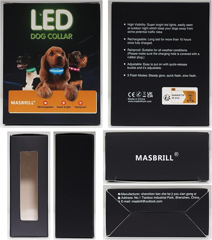 MASBRILL Light Up Collar - Rechargeable LED Dog Collar for Night Walking, Flashing Light, Fits
