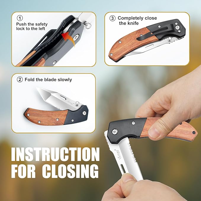 Vickay Pocket Knife, Folding Knife with Clip - 3.54″ Tanto Serrated Blade, Wood Handle EDC Knife