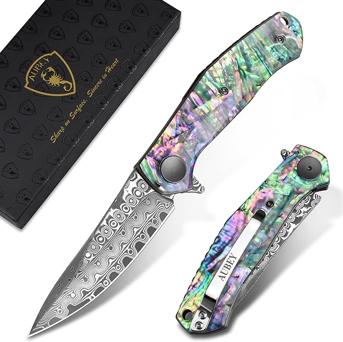 AUBEY Damascus Pocket Knife for Women Men, Sharp 3.23" Damascus Steel Blade Knife with Clip, EDC