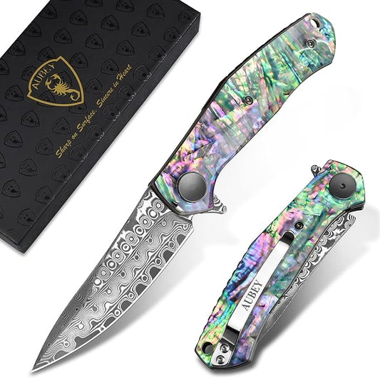 AUBEY Damascus Pocket Knife for Women Men, Sharp 3.23" Damascus Steel Blade Knife with Clip, EDC